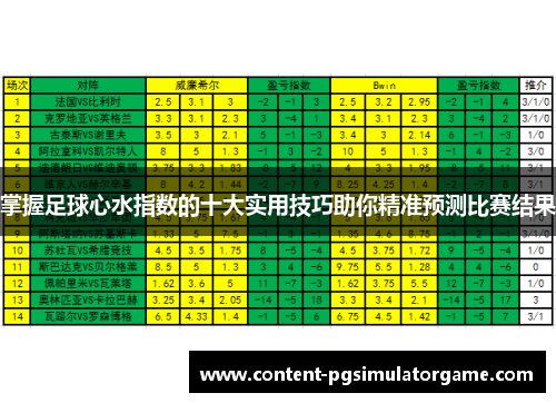 掌握足球心水指数的十大实用技巧助你精准预测比赛结果