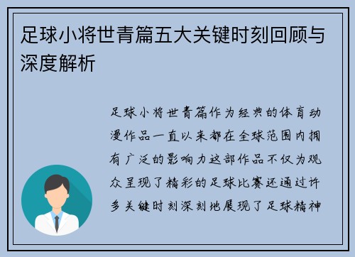 足球小将世青篇五大关键时刻回顾与深度解析