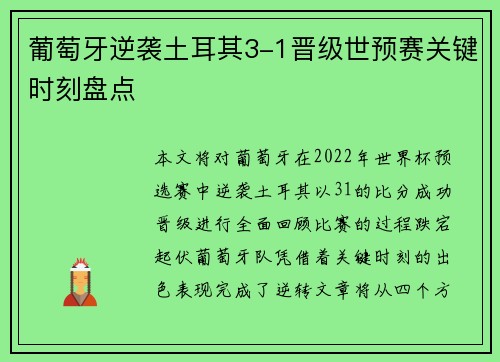 葡萄牙逆袭土耳其3-1晋级世预赛关键时刻盘点