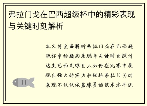 弗拉门戈在巴西超级杯中的精彩表现与关键时刻解析 弗拉门戈在巴西超级杯中的精彩表现与关键时刻解析