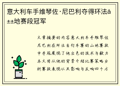 意大利车手维琴佐·尼巴利夺得环法山地赛段冠军