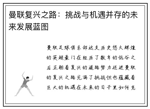 曼联复兴之路：挑战与机遇并存的未来发展蓝图