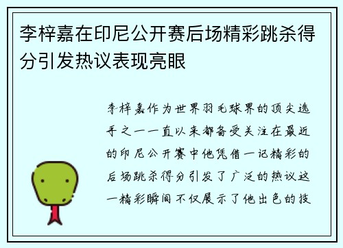 李梓嘉在印尼公开赛后场精彩跳杀得分引发热议表现亮眼